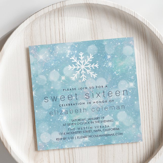 Winter Wonderland Blue Snowy Bokeh Sweet Sixteen Invitation (Creator Uploaded)