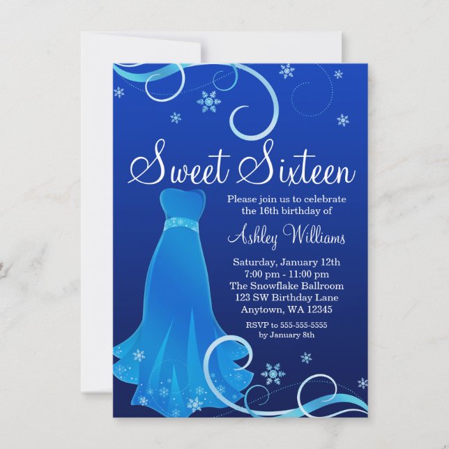 Winter Wonderland Blue Swirl Dress Sweet 16 Invitation (Front)
