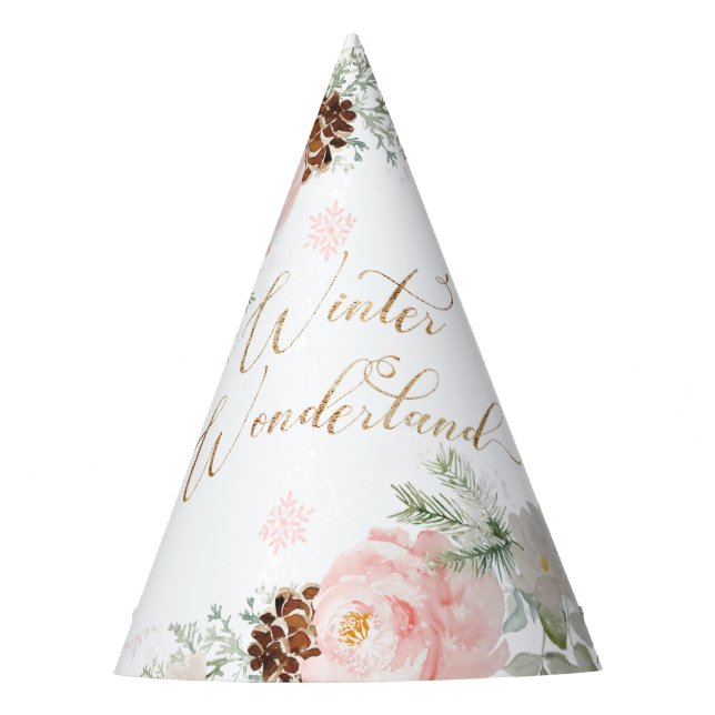 Winter wonderland blush pink girl birthday party hat (Front)