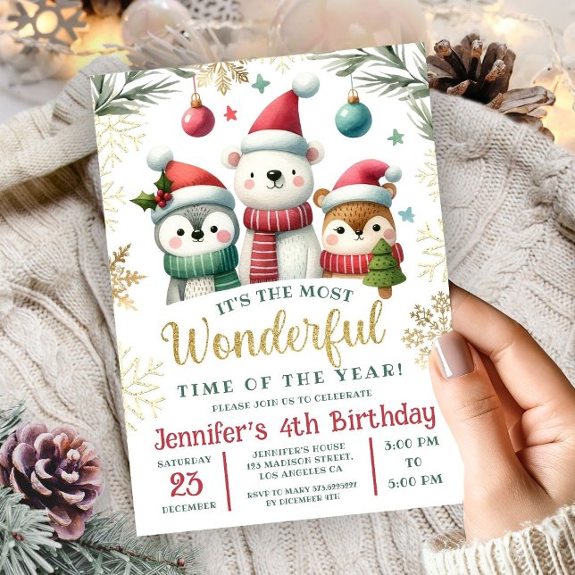Winter Wonderland Boho Snow Animals 4th Birthday Invitation (Creator Uploaded)