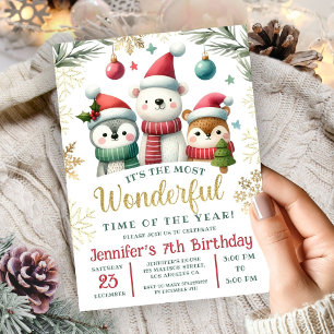 Winter Wonderland Boho Snow Animals 7th Birthday Invitation