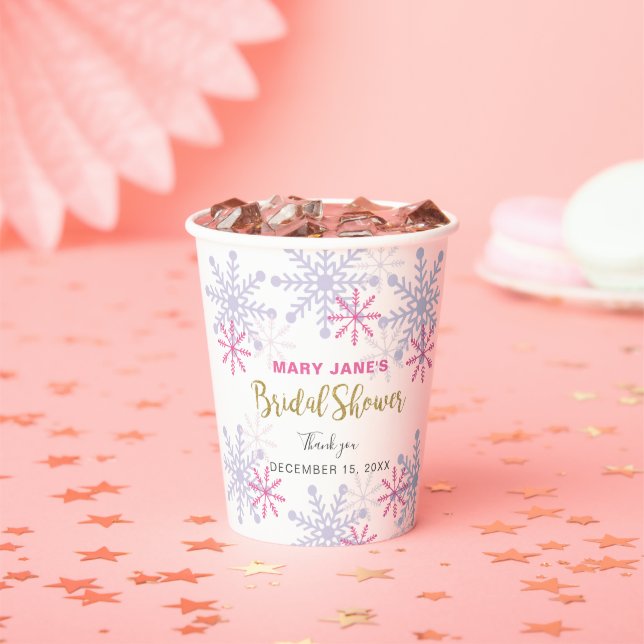 Winter Wonderland Bridal Shower Gold Glitter Snow Paper Cups (Insitu)