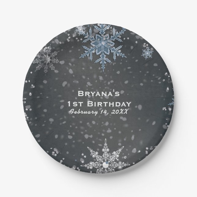 Winter Wonderland Chalk Blue Grey Custom Party Paper Plate (Front)