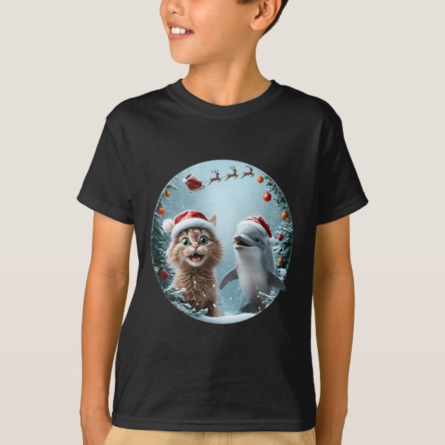 Winter Wonderland Christmas Cat Dolphin Selfie San T-Shirt (Front)