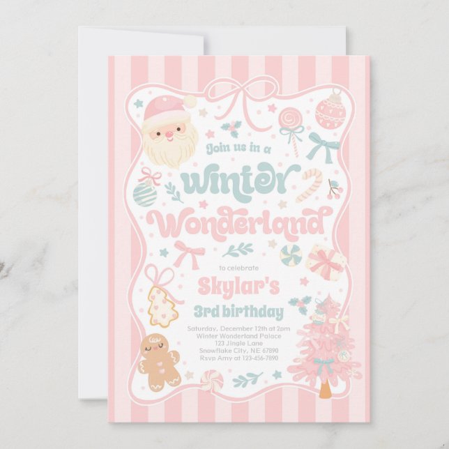 Winter Wonderland Christmas Coquette Bow Birthday Invitation (Front)