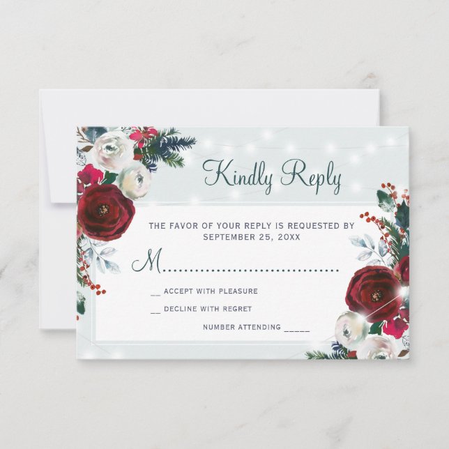 Winter wonderland Christmas red floral wedding RSVP Card (Front)