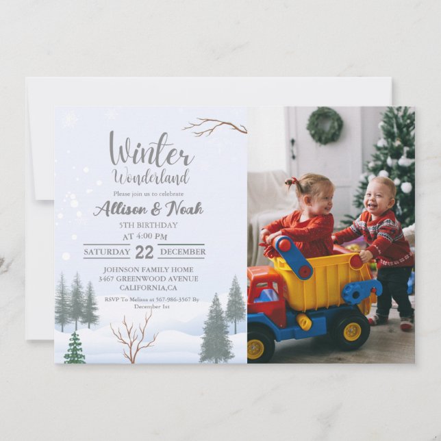Winter Wonderland Christmas Twin Birthday Party Invitation (Front)