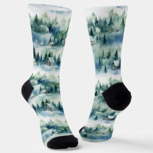 Winter Wonderland - Cosy Teal Cabin and Trees Socks