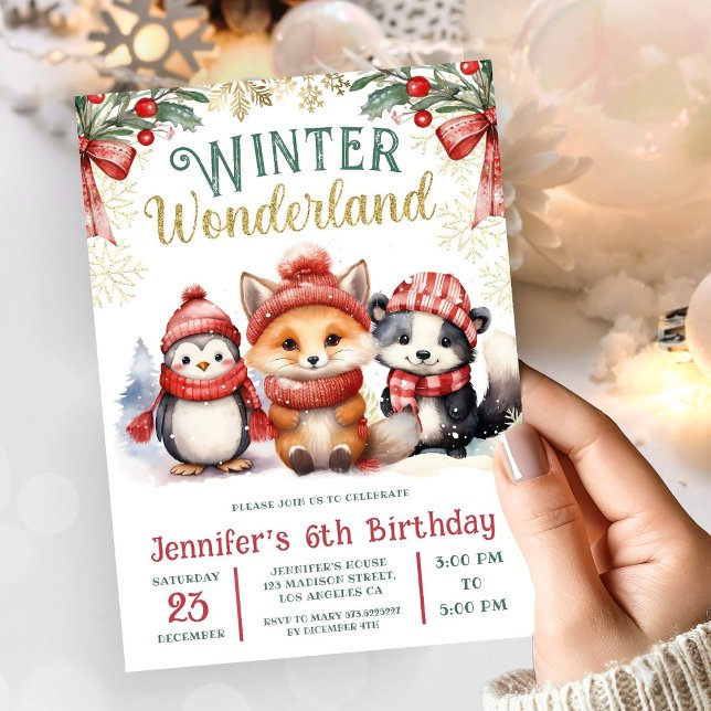 Winter Wonderland Cute Snow Animals 6th Birthday Invitation (Creator Uploaded)