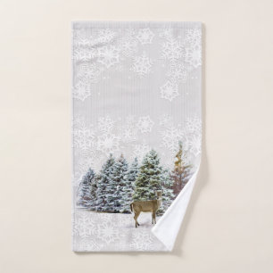 Winter Wonderland Deer and Pine Trees Holiday Hand Towel