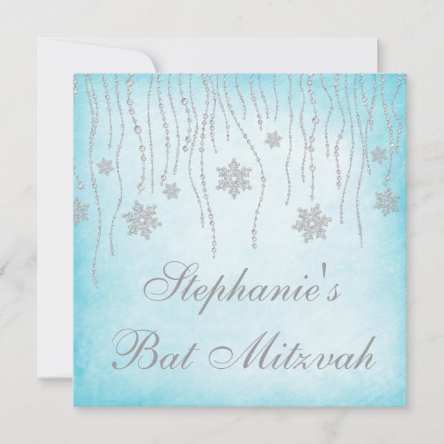 Winter Wonderland Diamond Snowflakes Bat Mitzvah Invitation (Front)