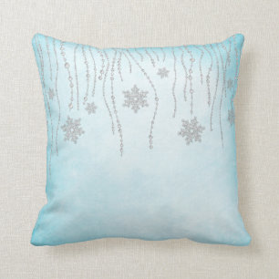 Winter Wonderland Diamond Snowflakes Teal Blue Cushion
