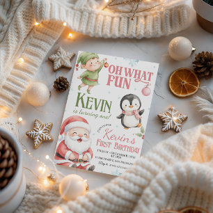 Winter Wonderland Elf Santa Boy 1st Birthday Invitation