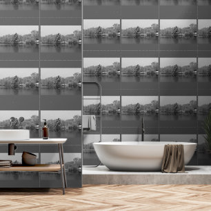 Winter Wonderland Evergreen Trees Lake Black White Wallpaper