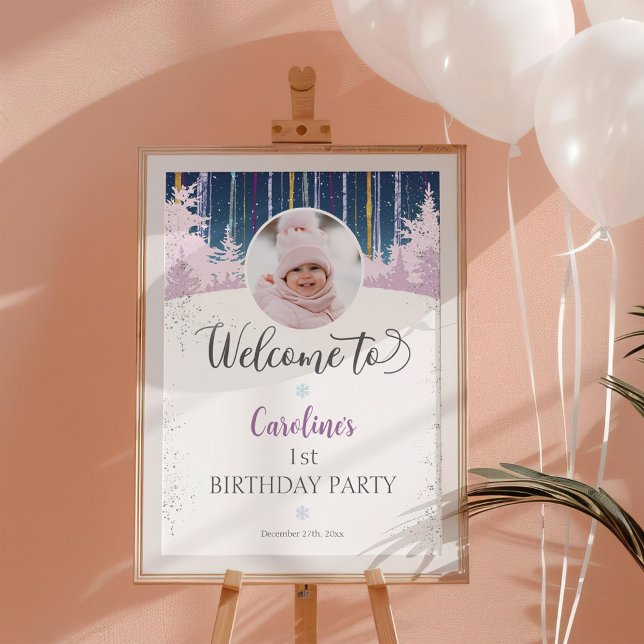 Winter Wonderland First Birthday Welcome Photo Poster (Welcome sign for 1st birthday for girls. Winter Wonderland theme. Navy blue, purple, snow, forest)