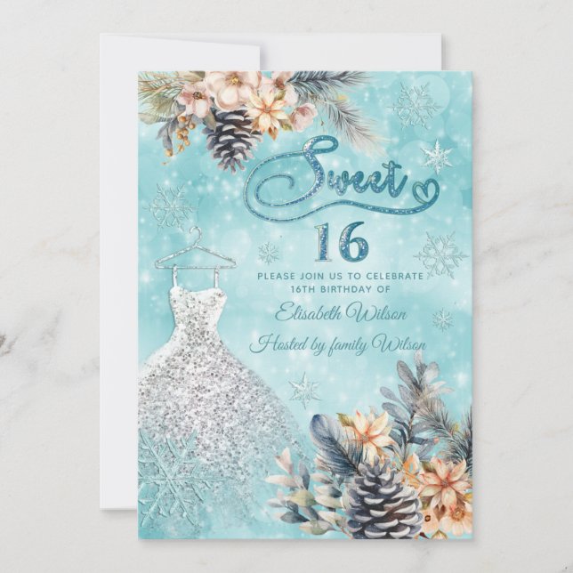 Winter wonderland floral Adorable dress sweet 16 Invitation (Front)
