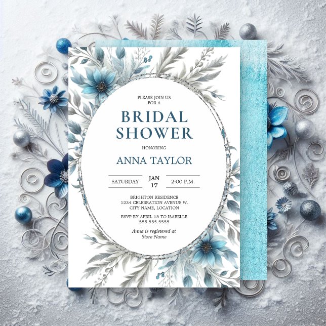 Winter Wonderland Floral Bridal Shower Invitation (Winter Wonderland Bridal Shower invitation front and back.)