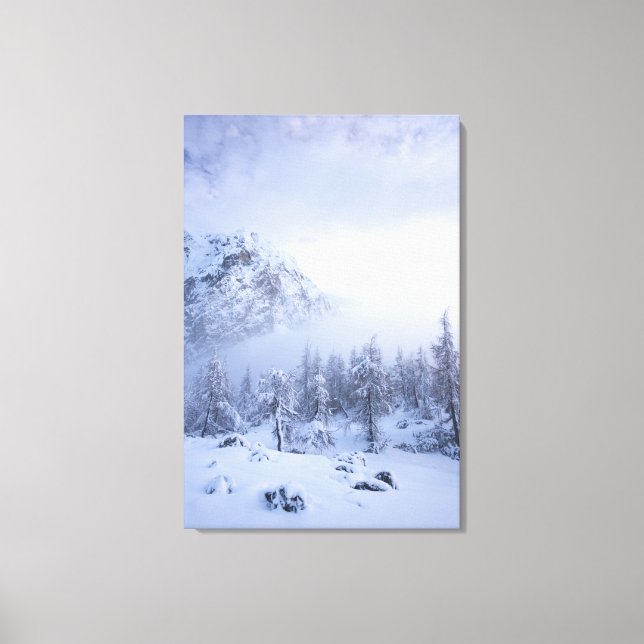 Winter wonderland, fog, spruce forest and mountain canvas print (Front)