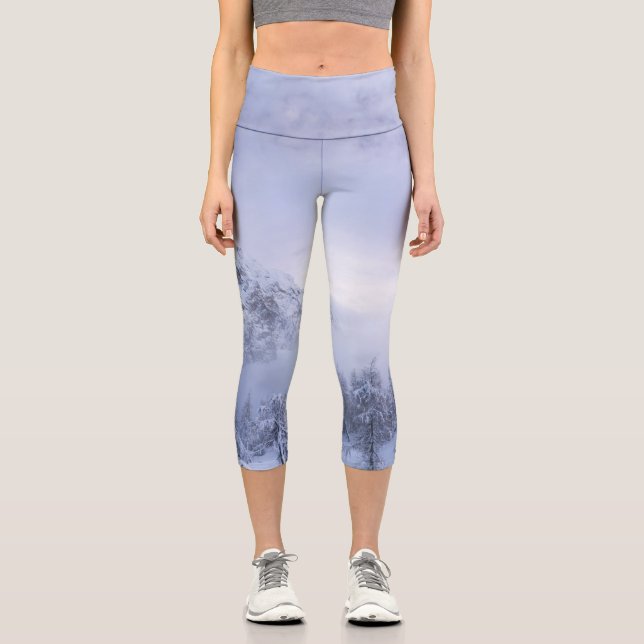Winter wonderland, fog, spruce forest and mountain capri leggings (Front)