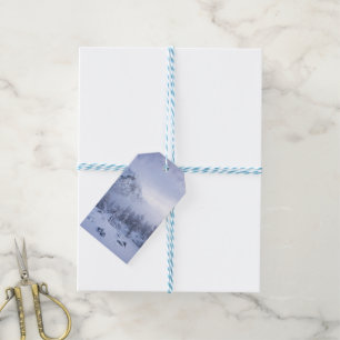 Winter wonderland, fog, spruce forest and mountain gift tags