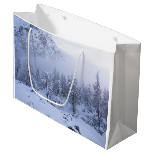 Winter wonderland, fog, spruce forest and mountain large gift bag