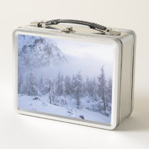 Winter wonderland, fog, spruce forest and mountain metal lunch box