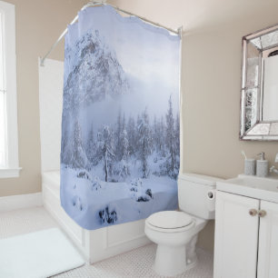 Winter wonderland, fog, spruce forest and mountain shower curtain
