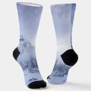 Winter wonderland, fog, spruce forest and mountain socks