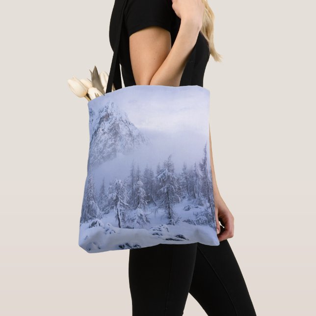 Winter wonderland, fog, spruce forest and mountain tote bag (Close Up)