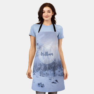Winter wonderland fog spruce forest snow monogram apron