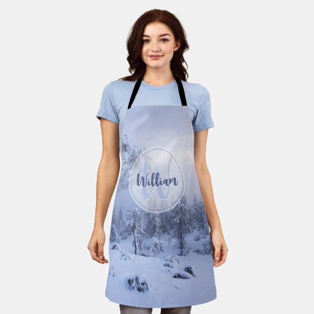 Winter wonderland fog spruce forest snow monogram apron (Worn)