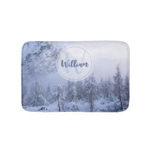 Winter wonderland fog spruce forest snow monogram bath mat