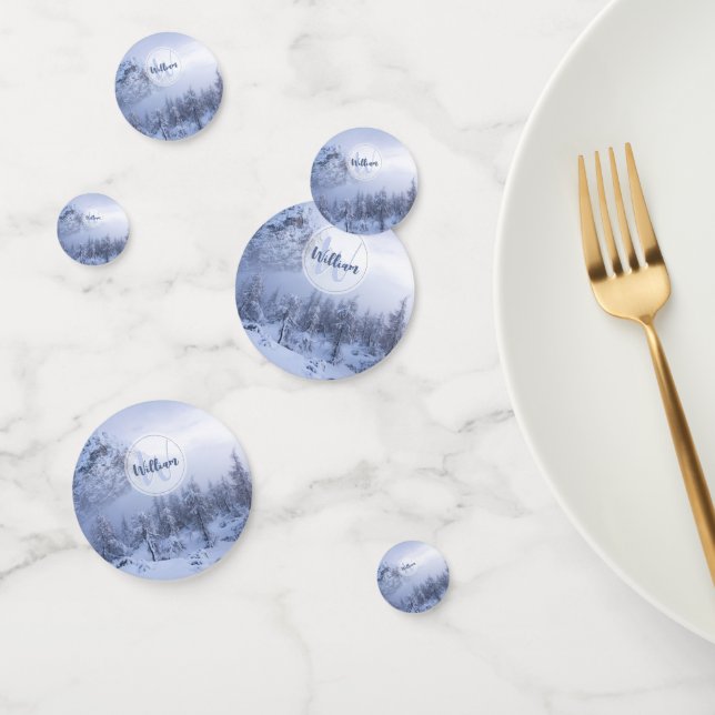 Winter wonderland fog spruce forest snow monogram confetti (Group)