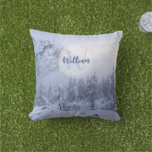 Winter wonderland fog spruce forest snow monogram  cushion