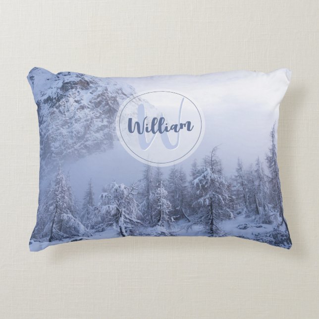 Winter wonderland fog spruce forest snow monogram decorative cushion (Front)