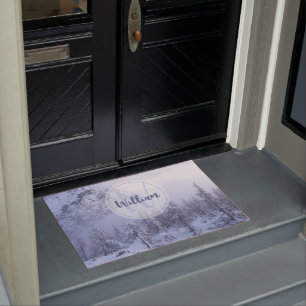 Winter wonderland fog spruce forest snow monogram doormat