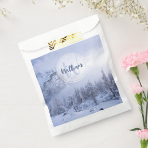 Winter wonderland fog spruce forest snow monogram favour bags