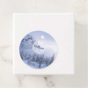 Winter wonderland fog spruce forest snow monogram favour tags