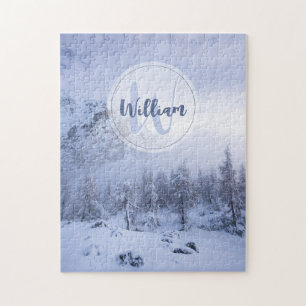 Winter wonderland fog spruce forest snow monogram jigsaw puzzle