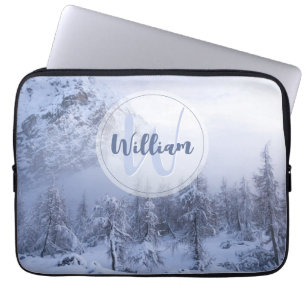 Winter wonderland fog spruce forest snow monogram laptop sleeve