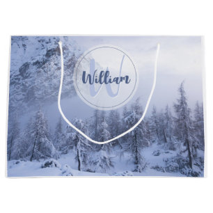 Winter wonderland fog spruce forest snow monogram large gift bag