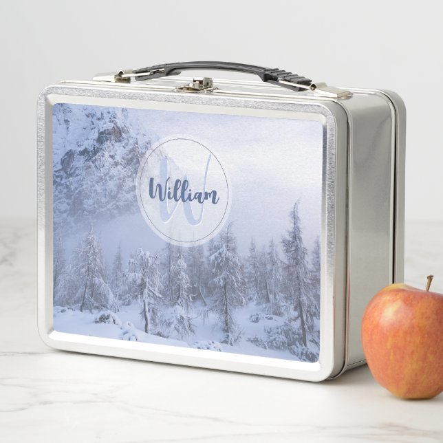 Winter wonderland fog spruce forest snow monogram  metal lunch box (In Situ)