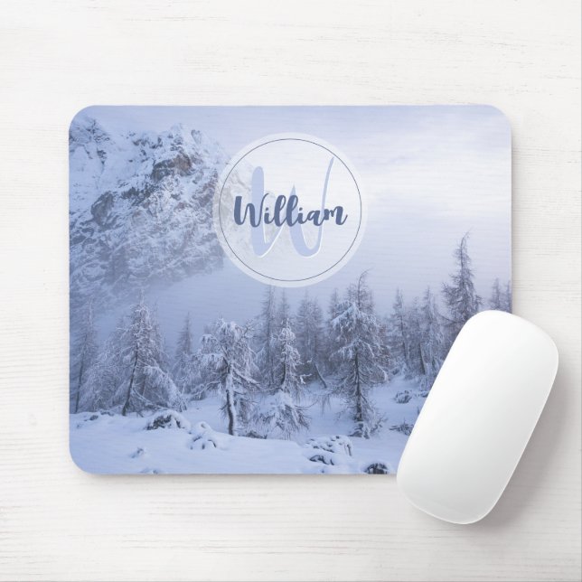 Winter wonderland fog spruce forest snow monogram mouse pad (With Mouse)