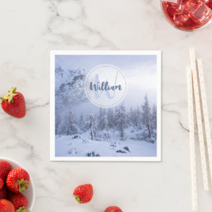 Winter wonderland fog spruce forest snow monogram napkin