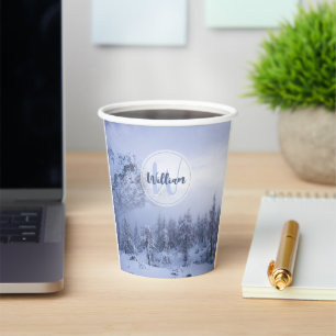 Winter wonderland fog spruce forest snow monogram paper cups