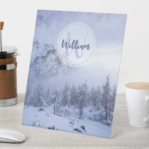 Winter wonderland fog spruce forest snow monogram pedestal sign