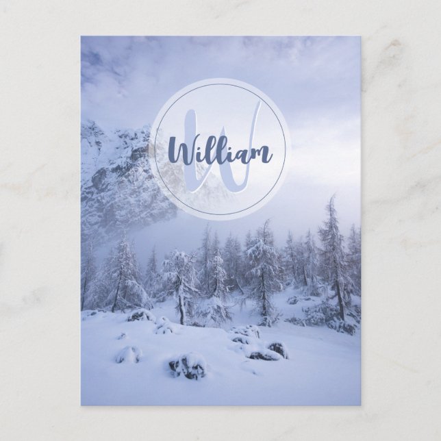 Winter wonderland fog spruce forest snow monogram postcard (Front)