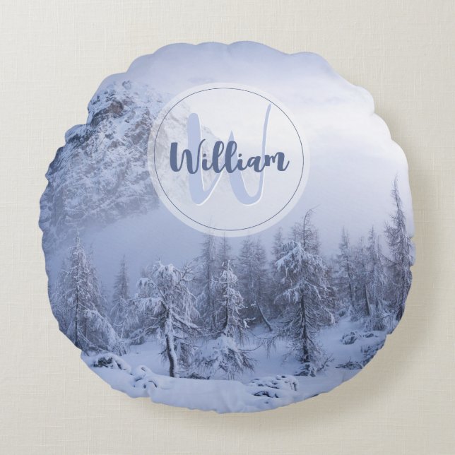 Winter wonderland fog spruce forest snow monogram round cushion (Front)