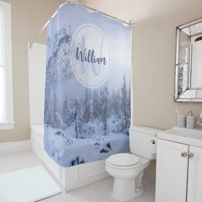 Winter wonderland fog spruce forest snow monogram shower curtain (In Situ)