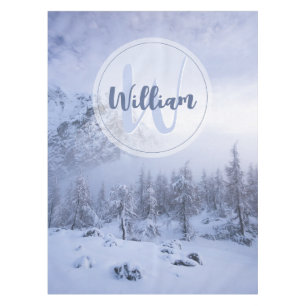 Winter wonderland fog spruce forest snow monogram tablecloth
